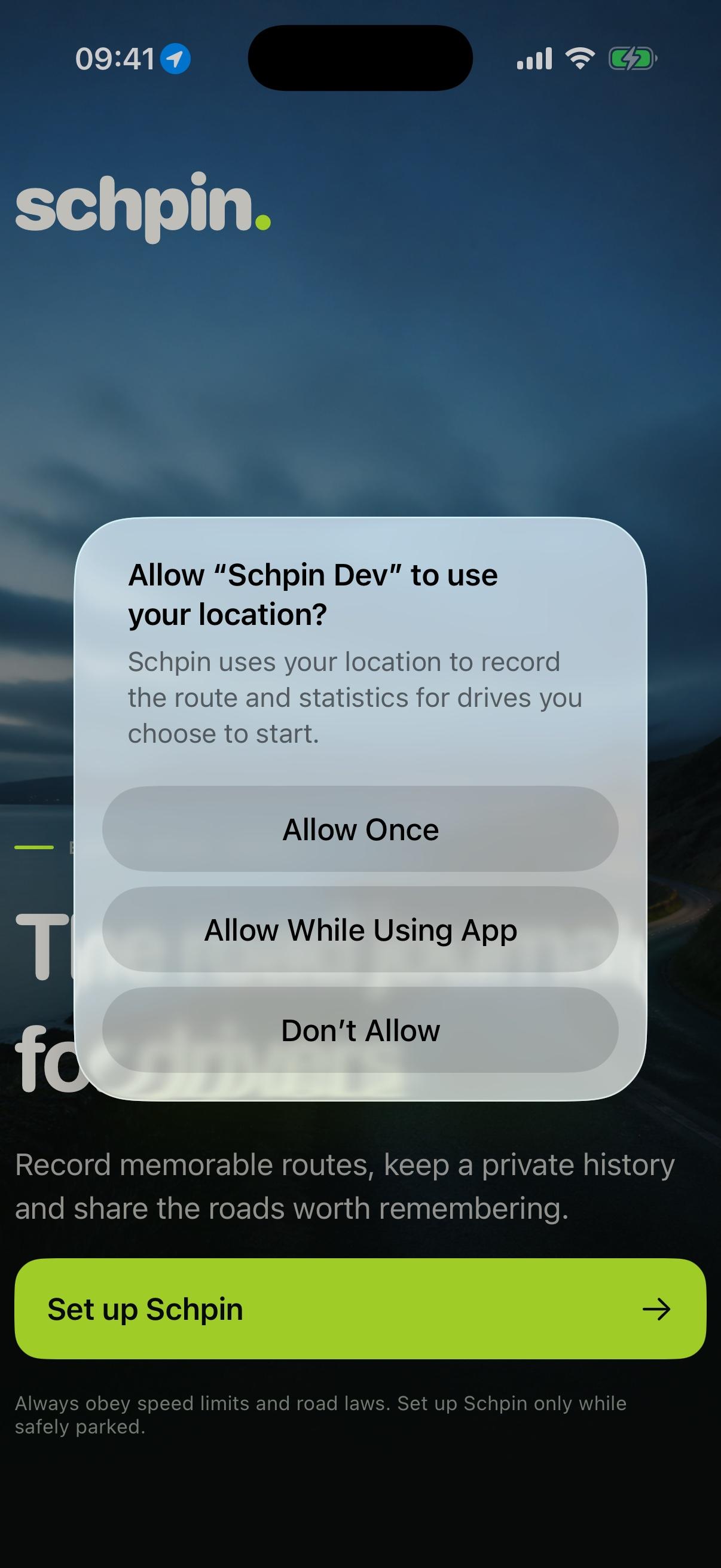 Schpin iPhone welcome screen introducing the driving community