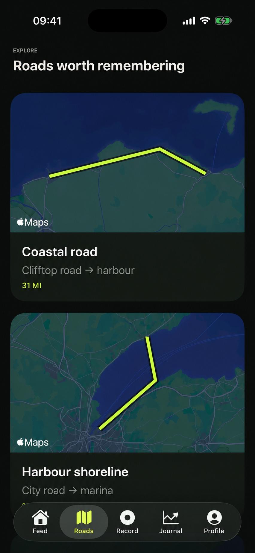 Schpin iPhone route view showing a mapped drive ready to share