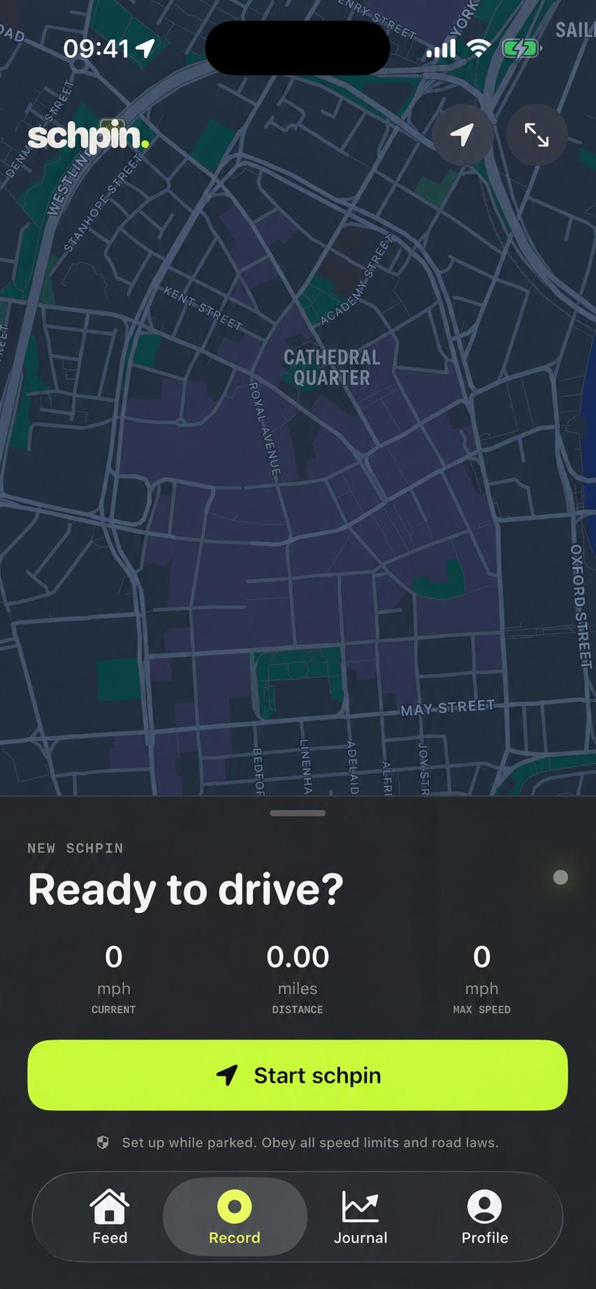 Schpin iPhone recording screen centred on the driver's live location